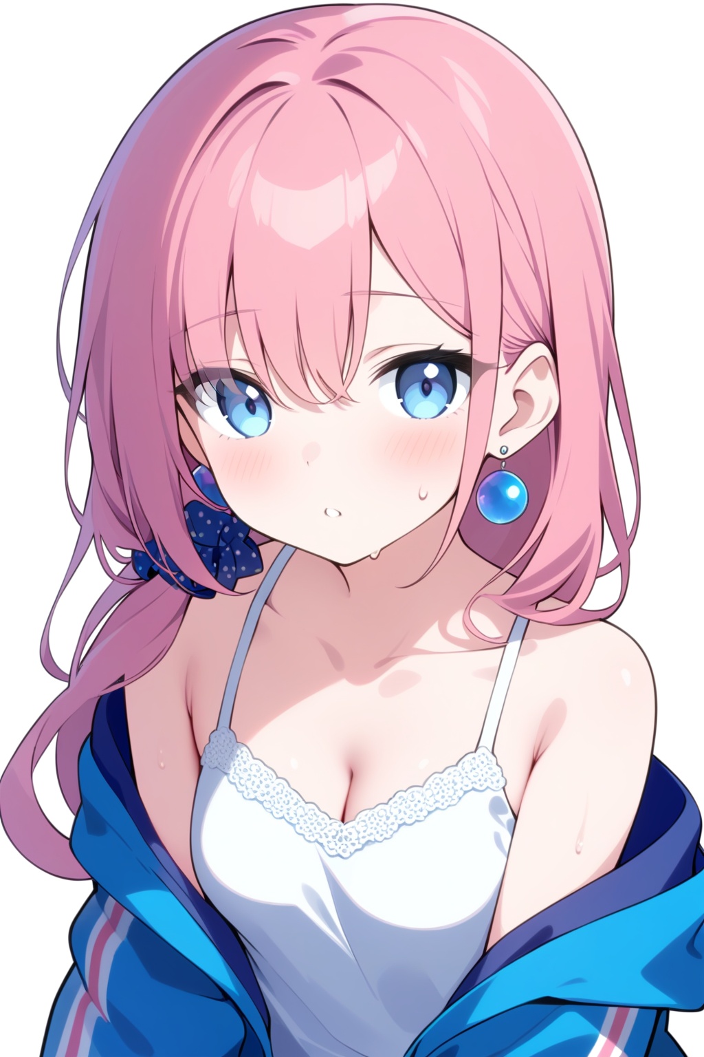 1girl,solo,earrings,looking_at_viewer,pink_hair,jewelry,upper_body,simple_background,sweat,hair_ornament,collarbone,jacket,blush,scrunchie,blue_jacket,white_background,off_shoulder,long_hair,hair_between_eyes,hair_scrunchie,blue_eyes,breasts,parted_lips,open_clothes,long_sleeves,open_jacket,camisole,white_camisole,small_breasts,bare_shoulders,blue_scrunchie,cleavage,hair_over_shoulder,