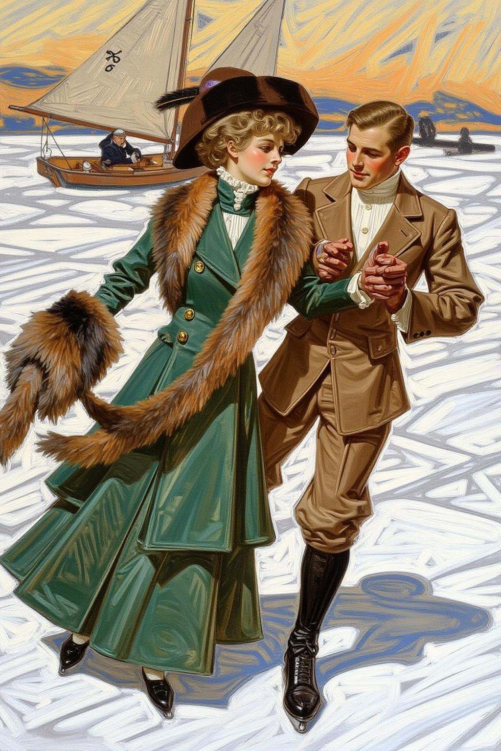 jcleyen1 painting. A couple ice-skating outdoors on a snowy,  icy surface. The woman,  on the left on Tensor.Art
