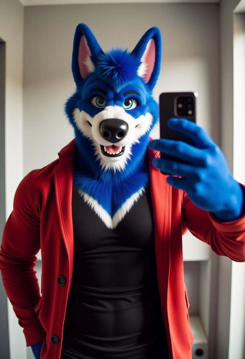 fursuit anthro, Male muscular German Shepherd, *****, alone, Bathroom background, Holding a smartphone and taking a selfie in the mirror, Blue eyes, and blue fur, nude, Black t-shirt, And a red jacket, A gesture of peace and love, 