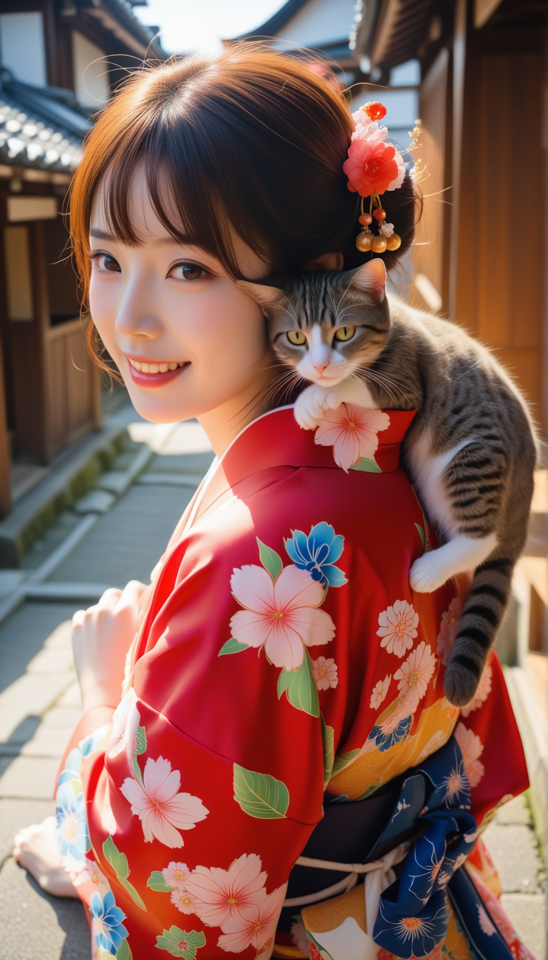 京都の街並み、舞子さん。 A hyper-realistic close-up scene on a sunny afternoon in the traditional streets of Kyoto. A beautiful maiko...