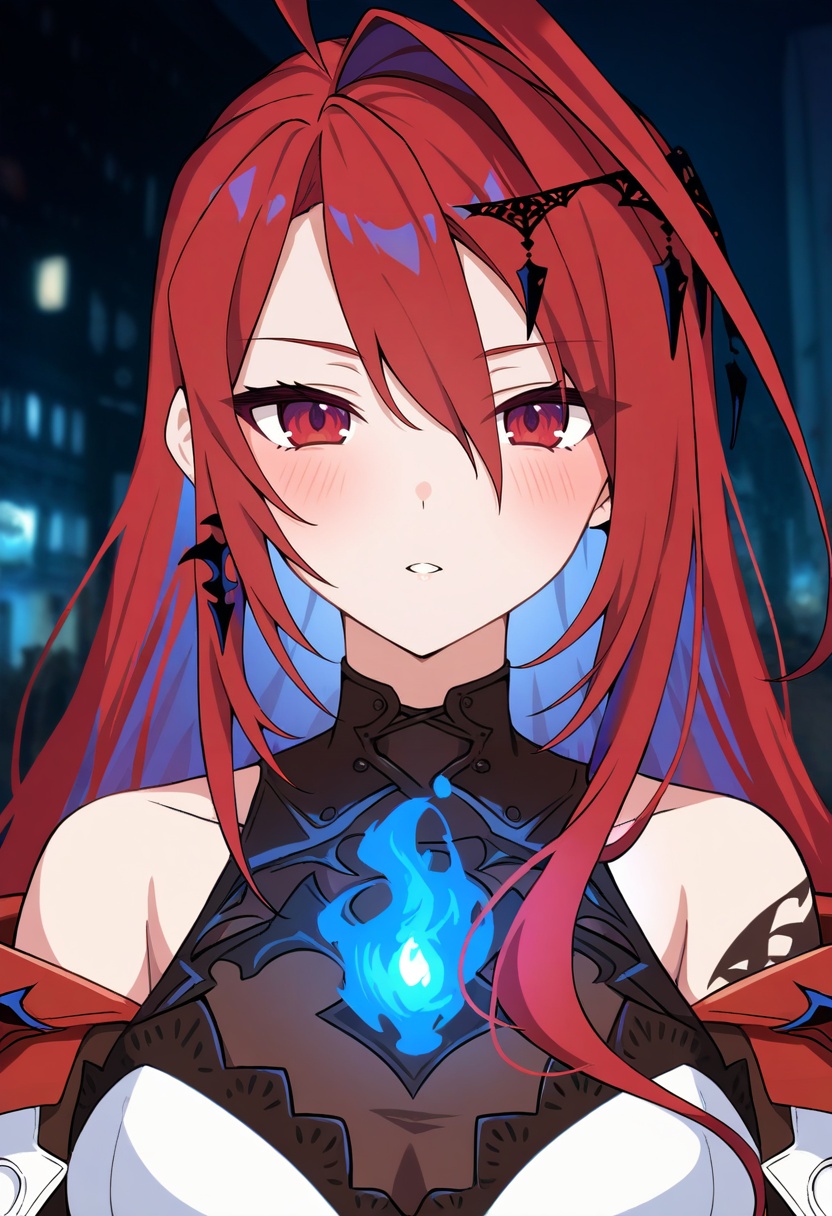1girl, elizabeth rose bloodflame, elizabeth rose bloodflame \(1st costume\), hololive, hololive english, ahoge, blue hair, blush, colored inner hair, cross, cross earrings, earrings, hair between eyes, jewelry, long hair, multicolored hair, parted lips, red eyes, red hair, solo, virtual youtuber, night, street, masterpiece, high score, great score, absurdres