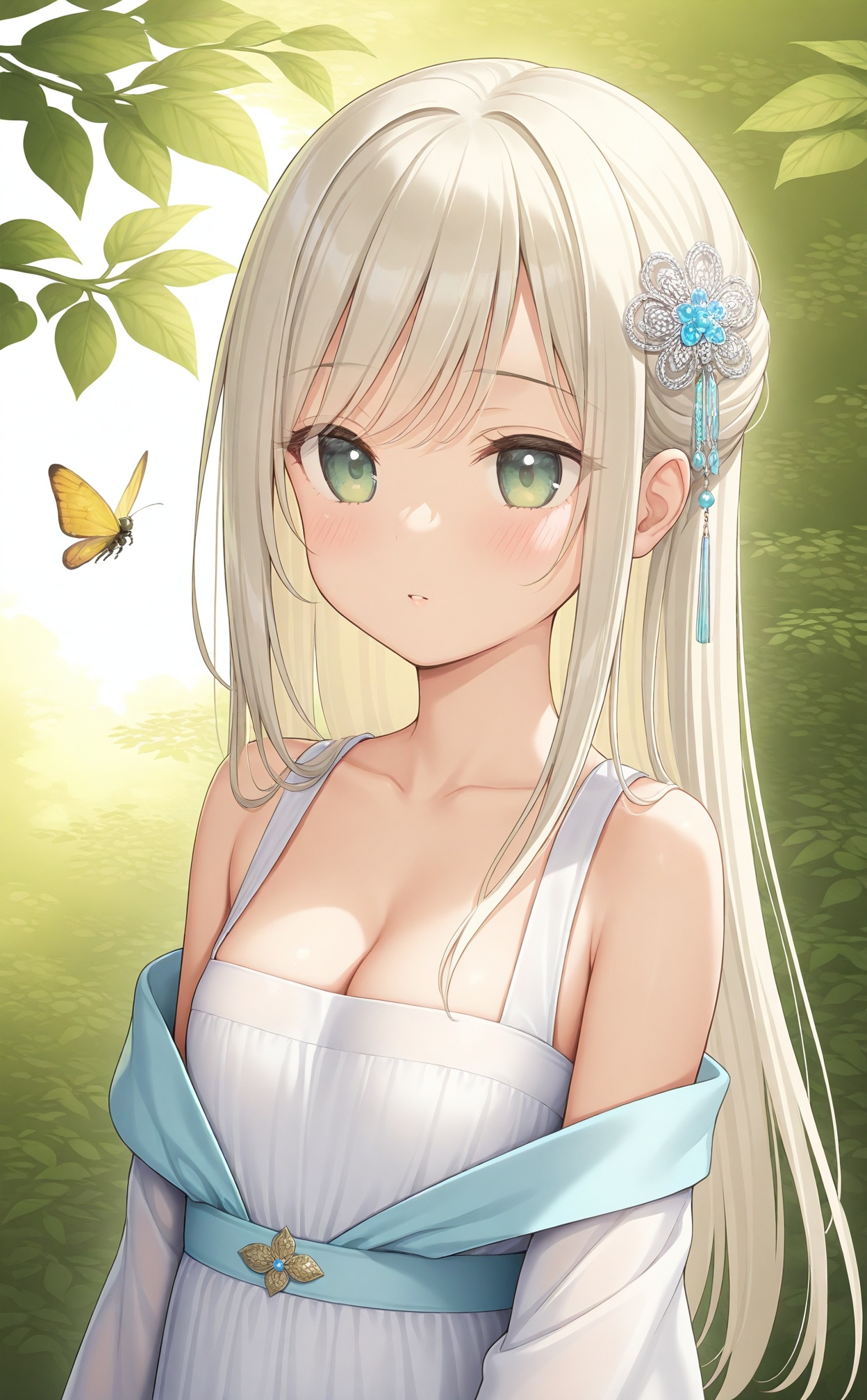 masterpiece,best quality,high quality,loli,1girl,solo,long hair,green eyes,blonde hair,hair ornament,bare shoulders,hanfu,breasts,dress,chinese clothes,white hair,upper body,leaf,bug,cleavage,white dress,