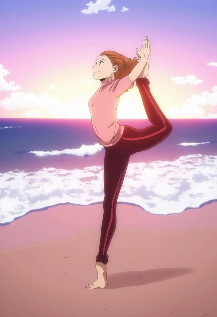 A young woman practicing yoga on a peaceful beach during sunrise. The waves gently lap at the shore behind her,  and the s...