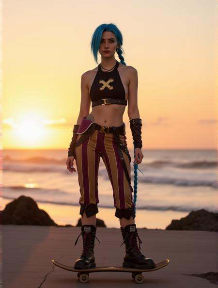 full body jinx with blue long braided hair,  black croptop and stripped pants,  army boots on Tensor.Art