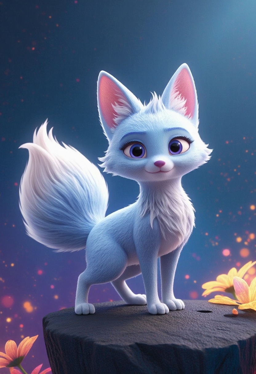 A whimsical nine-tailed fox in Pixar’s 3D style,  with glossy,  soft fur in shades of shimmering silver and sapphire blue....
