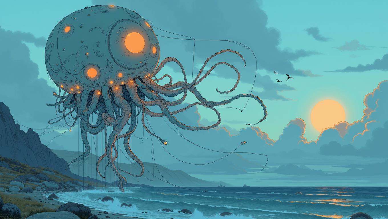 A giant jellyfish s,  floating gracefully above an ocean. The jellyfish's tentacles dangle below,  casting a soft glow in...