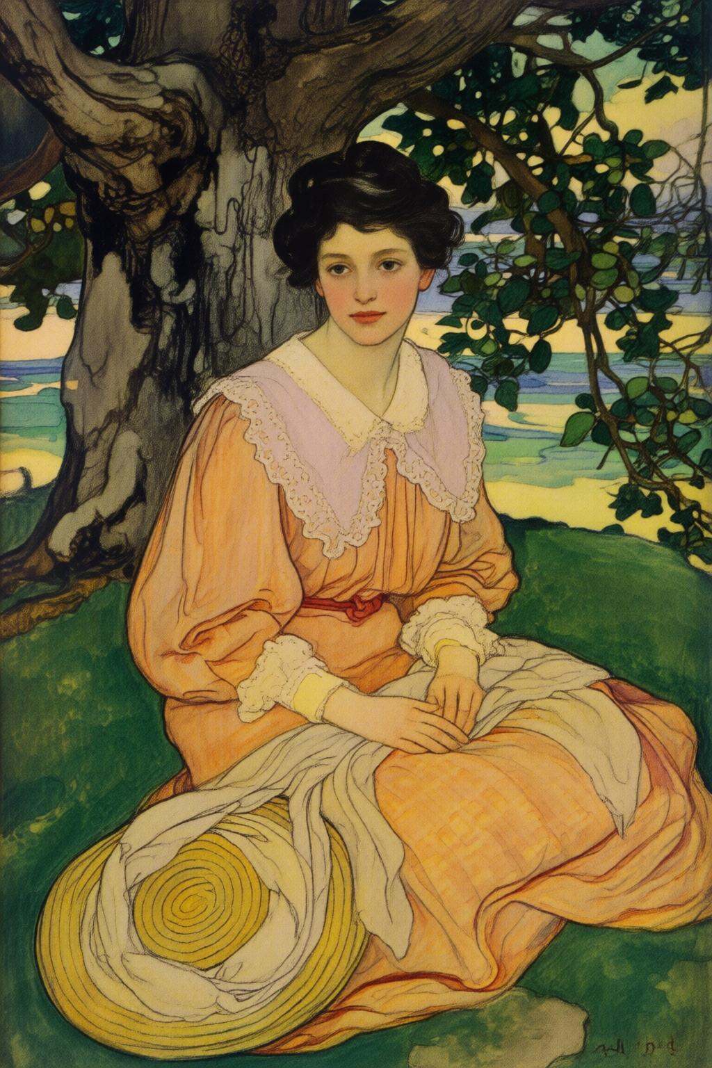 elizabethshippengreen2q illustration.A young woman seated outdoors,  surrounded by lush foliage and a large tree with gnar...