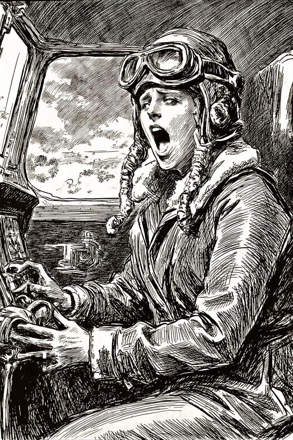 charlesdgibson1 color illustration.A female pilot screaming inside the cockpit of a World War II bomber. The pilot,  weari...
