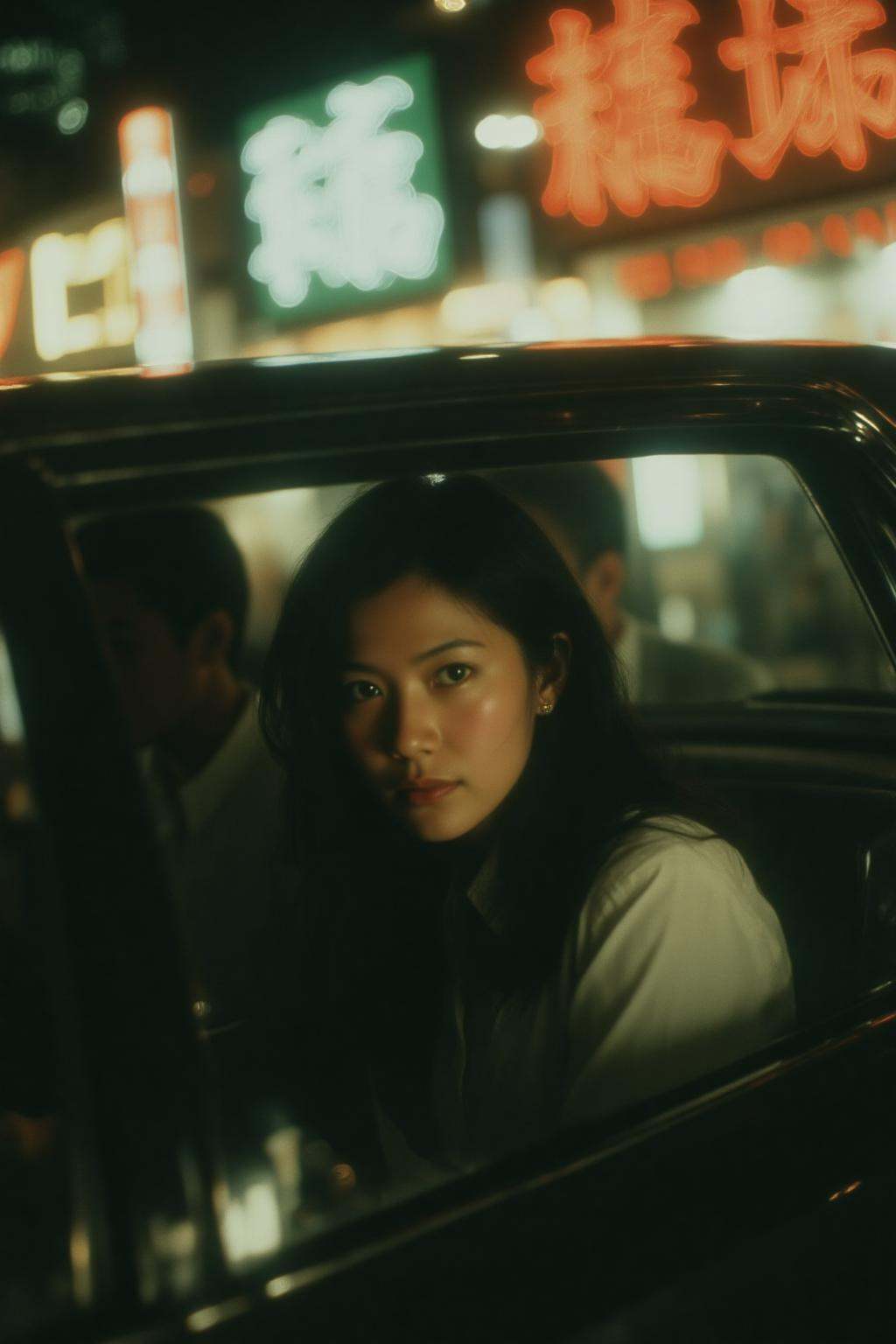 midjourney analog photograph. A 1980s Japanese woman with long hair is sitting inside a black car,  with a man partially v...