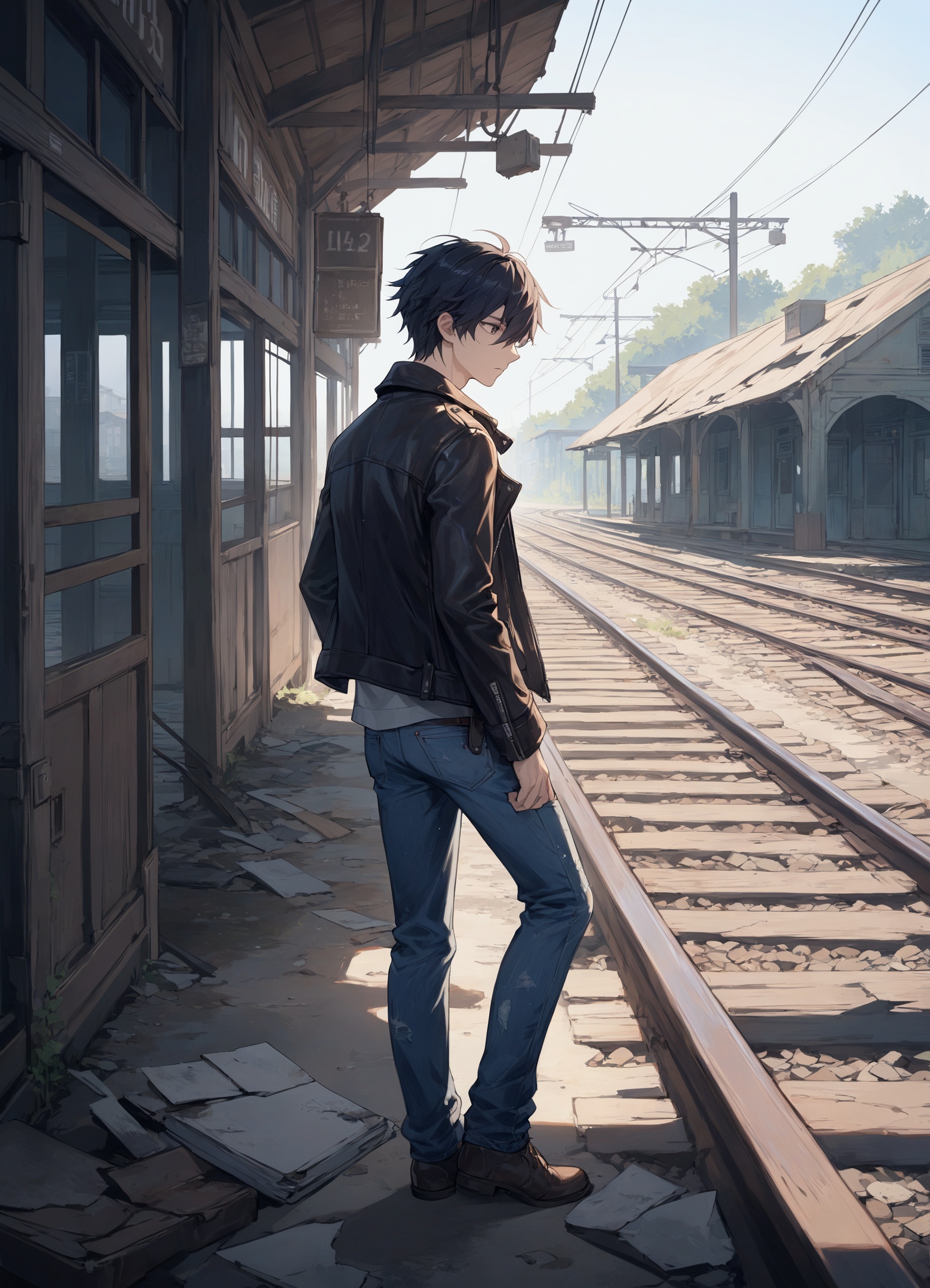 In a forgotten town, a man clad in worn jeans and a weathered leather jacket stands before an abandoned railway station, gazing into the distant horizon. His eyes brim with a longing for the unknown, as if waiting for a train that will never come. The wind gently tousles his short hair, and dust swirls around his feet, imbuing the scene with a lonely yet resilient beauty.