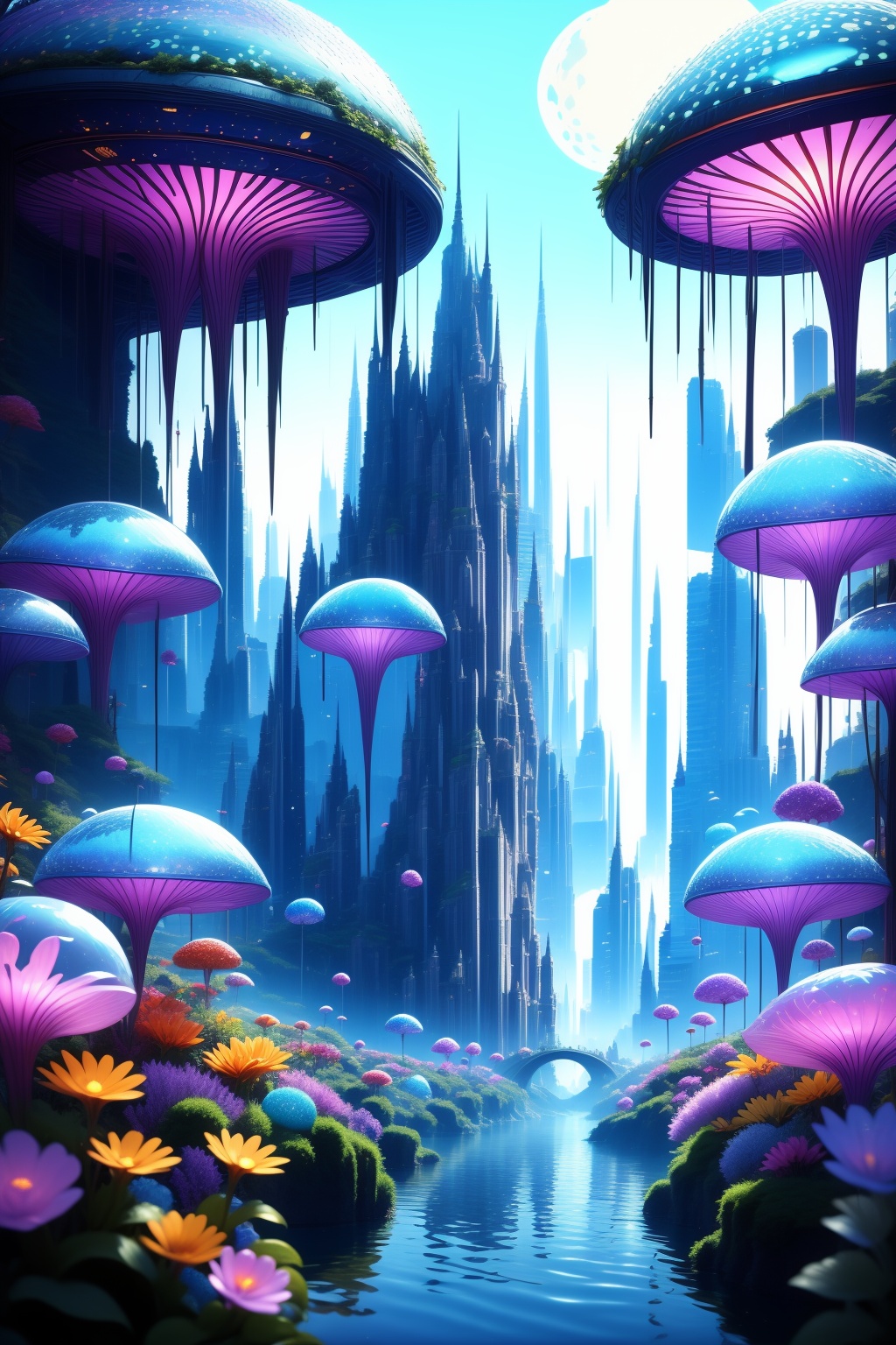 <lora:AgainWonderlandForest:1>,AgainWonderlandForest, scenery, nature, flower, no humans, forest, tree, blurry, water, outdoors, transparent, bubble, depth of field, underwater, reflection, blue theme, paper, plant, sunlight, umbrella, jellyfish, water drop, fantasy, solo, AgainWonderlandForest, scenery, no humans, sky, outdoors, cloud, day, blue sky, building, bridge, fantasy, arch, city, sun, moon, waterfall, sunlight, tree, cityscape, pillar, plant, tower, landscape