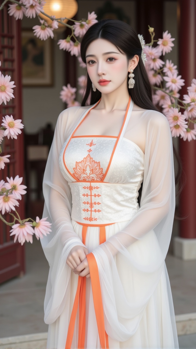 A serene woman adorns a majestic palace setting,  dressed in an exquisite ancient Chinese attire - a stunning white hanfu...