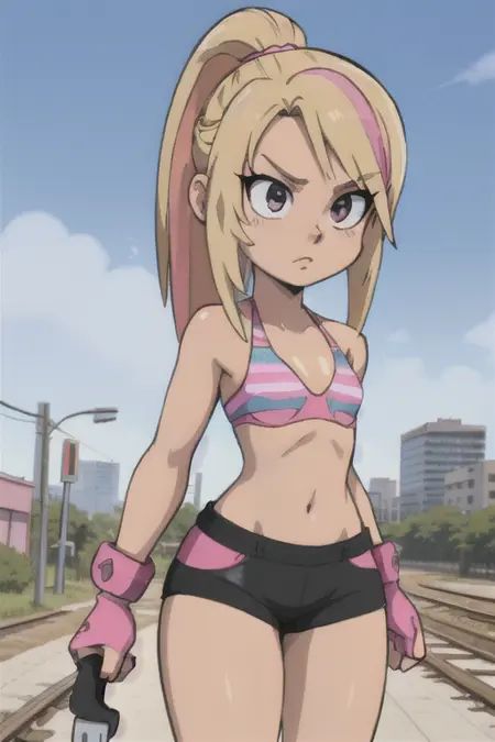 GameGirl ,  (blonde ponytail) with pink streak highlights, on Tensor.Art