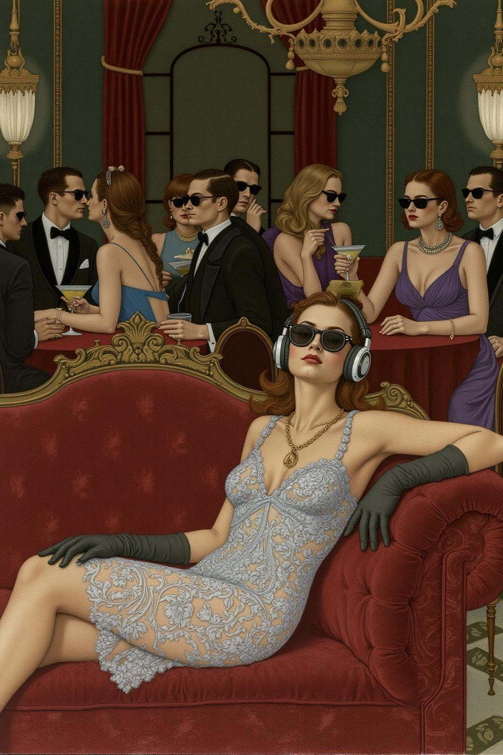 olgadugina1 illustration. A luxurious,  dimly lit lounge set in 1970s Italy,  exuding vintage charm and opulence. A stylis...