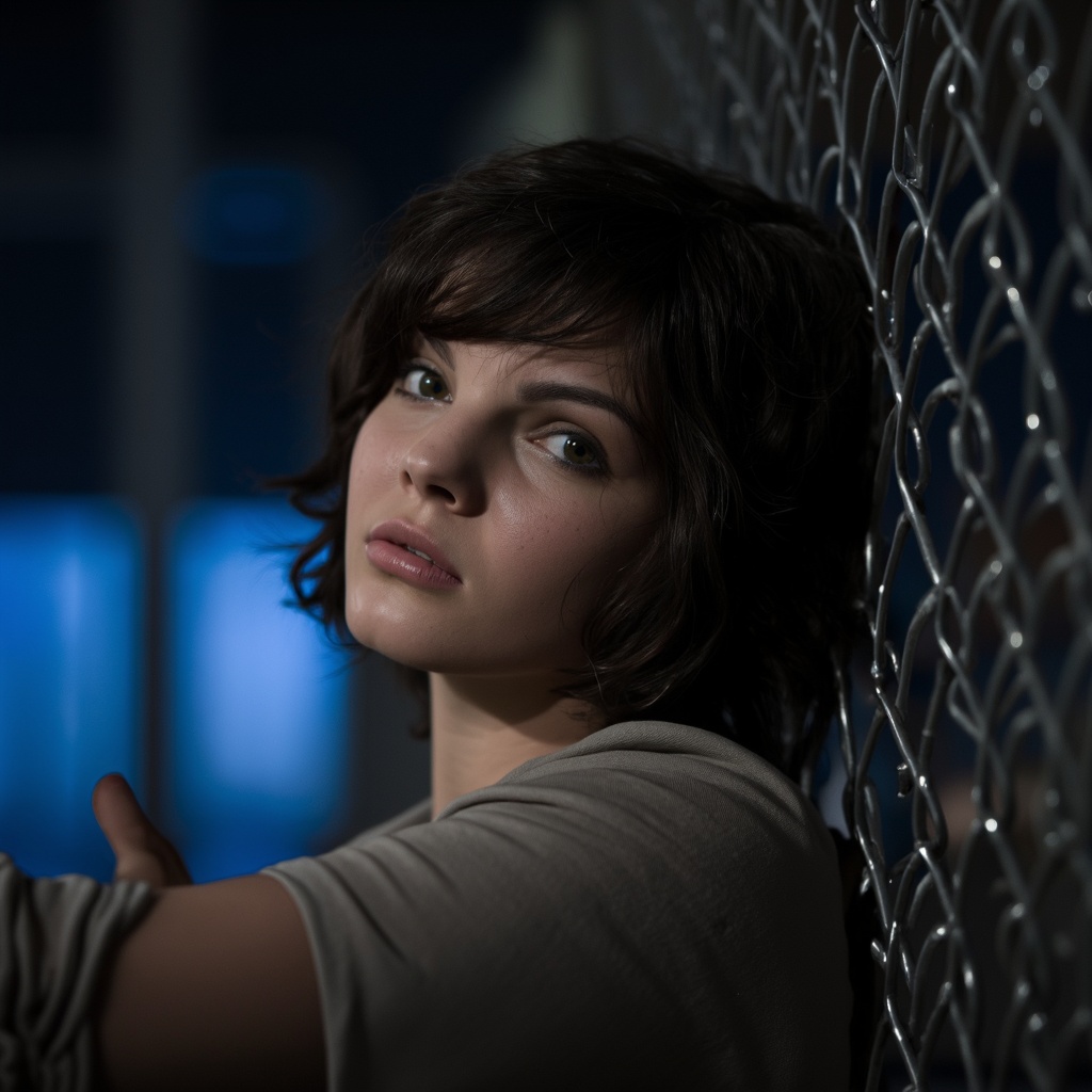 A close-up portrait camren_bicondova, captured in a side profile. She is leaning against a metal fence, her gaze directed away from the camera. The woman has dark hair and wears a light-colored top. The background is blurred, with a hint of blue, suggesting an indoor setting. The image has a moody, atmospheric style, emphasizing the contrast between light and shadow.