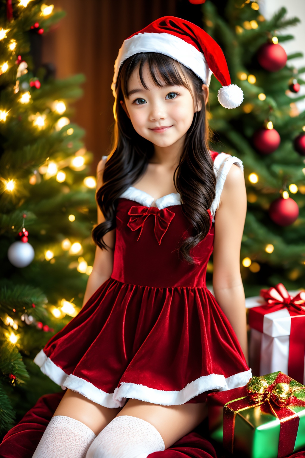 <lora:AgainChristmas_v1:1>, 1girl, christmas tree, solo, christmas, hat, gift, thighhighs, santa hat, dress, christmas ornaments, long hair, red dress, upper body,