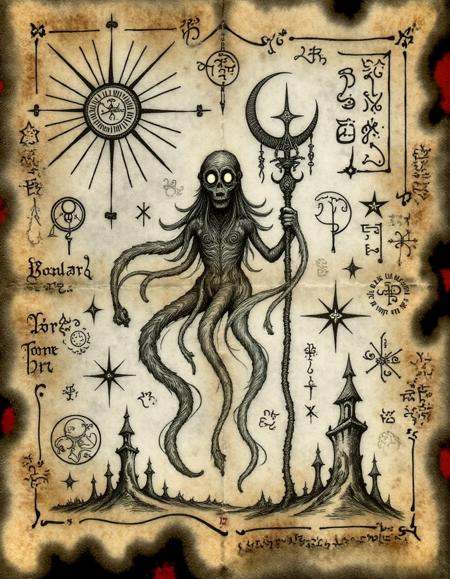frbddnbk,  A torn book page reveals an illustration of a spectral figure,  hovering above the ground. Its elongated limbs...