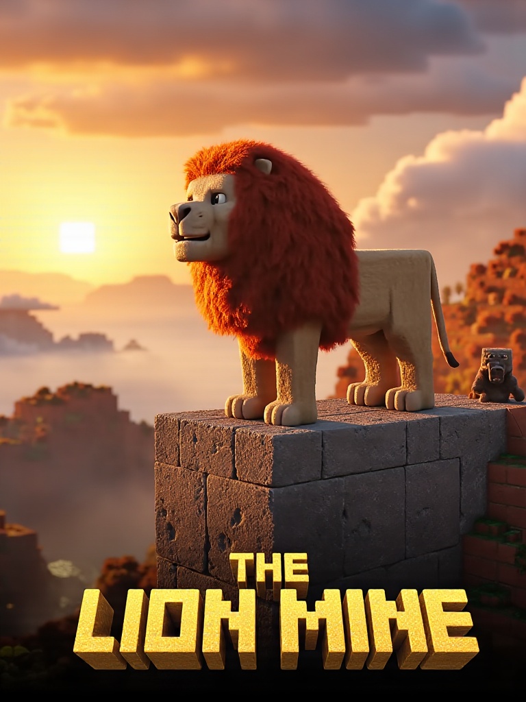 Movie poster for "The Lion Mine",  featuring a cubic lion with magnificent furry mane standing on Pride Rock made of stone...