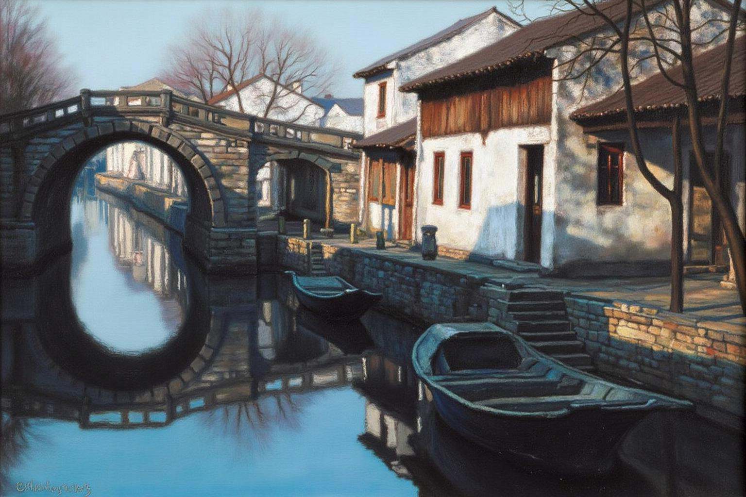 chenyifei2 painting.A canal with a stone bridge arching over it. The water reflects the stone bridge and the colors and sh...
