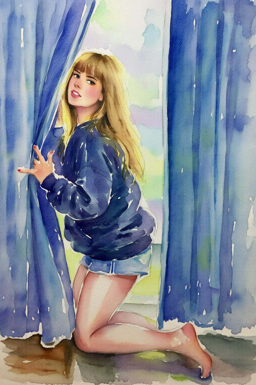 watercolorbasic2q watercolor painting. A woman,  shown in side profile,  with long blonde hair and bangs on Tensor.Art