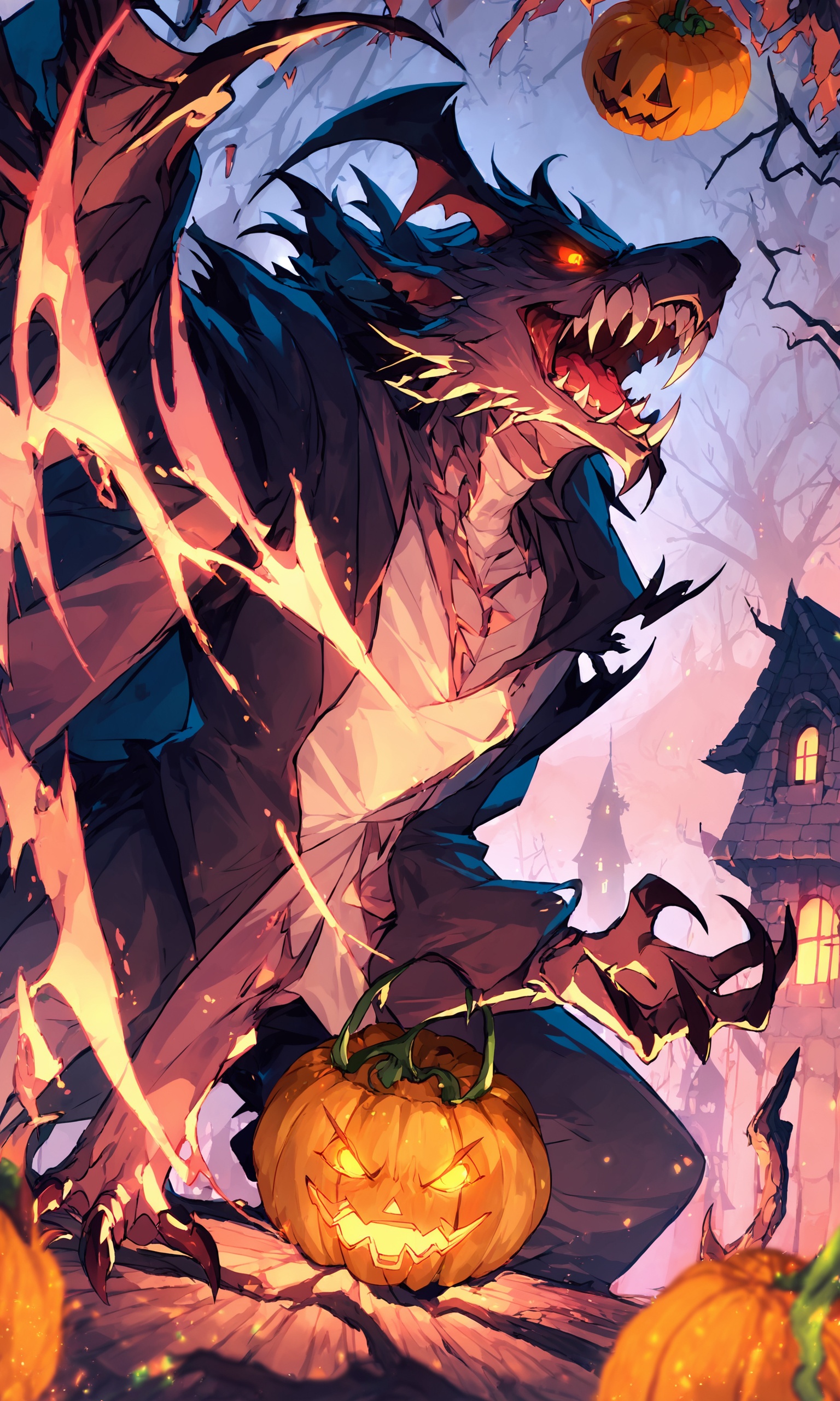 score_9,score_8_up,score_7_up,score_6_up,a menacing monster in a Halloween costume, lurking outside a haunting house, clutching a pumpkin in its gnarled claws. The monster's custom is a nightmarish creation, with tattered fabric, sharp fangs, and glowing eyes that pierce through the darkness. The haunting house looms behind, its weathered facade and broken windows adding to the eerie atmosphere. The pumpkin held by the monster is intricately carved with a wicked grin, its candlelight casting eerie shadows on the surroundings,<lora:Pony-ColorBox-Zycc:1>