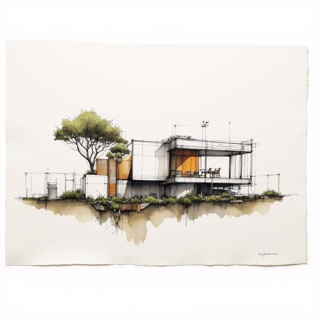 architectural sketching of a ,  masterpiece,  best quality. Ink on paper with very fine touches with colored markers on Te...