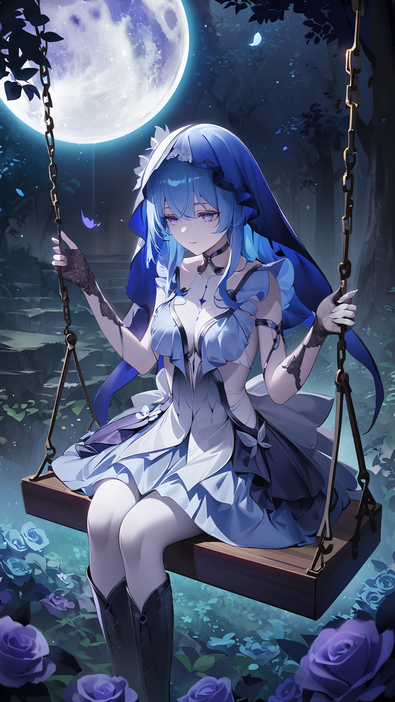 Digital art,illustration,The girl is wearing a Lolita dress with a lace theme,lace gloves,and long boots,sitting on a swing in an outdoor purple rose garden. The atmosphere is reminiscent of a shoujo manga,exuding a sense of mystery and tranquility,purple blue theme,white skin,smooth skin,on night,moon,blue hair,purple eyes,
