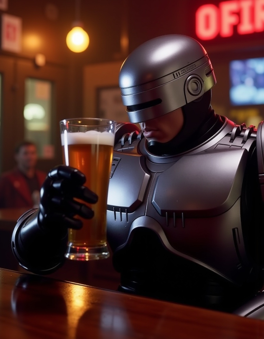Robocop is a robot having a beer in a pub on Tensor.Art