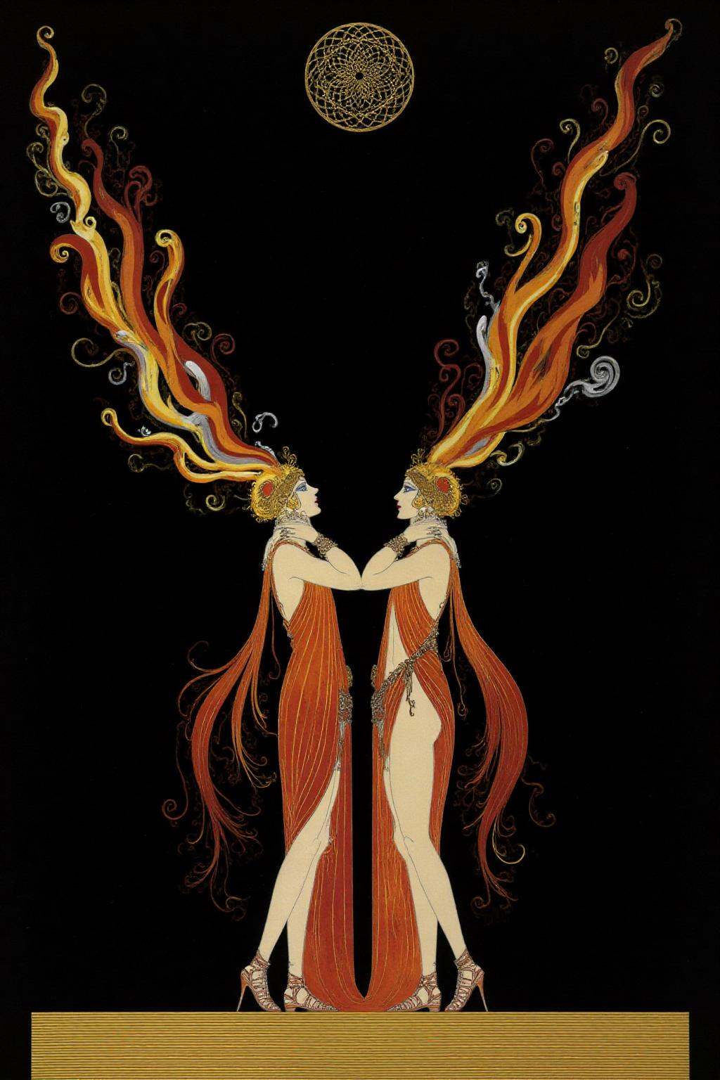 erte1 illustration. Two figures,  shown in side profile,  standing upright on Tensor.Art