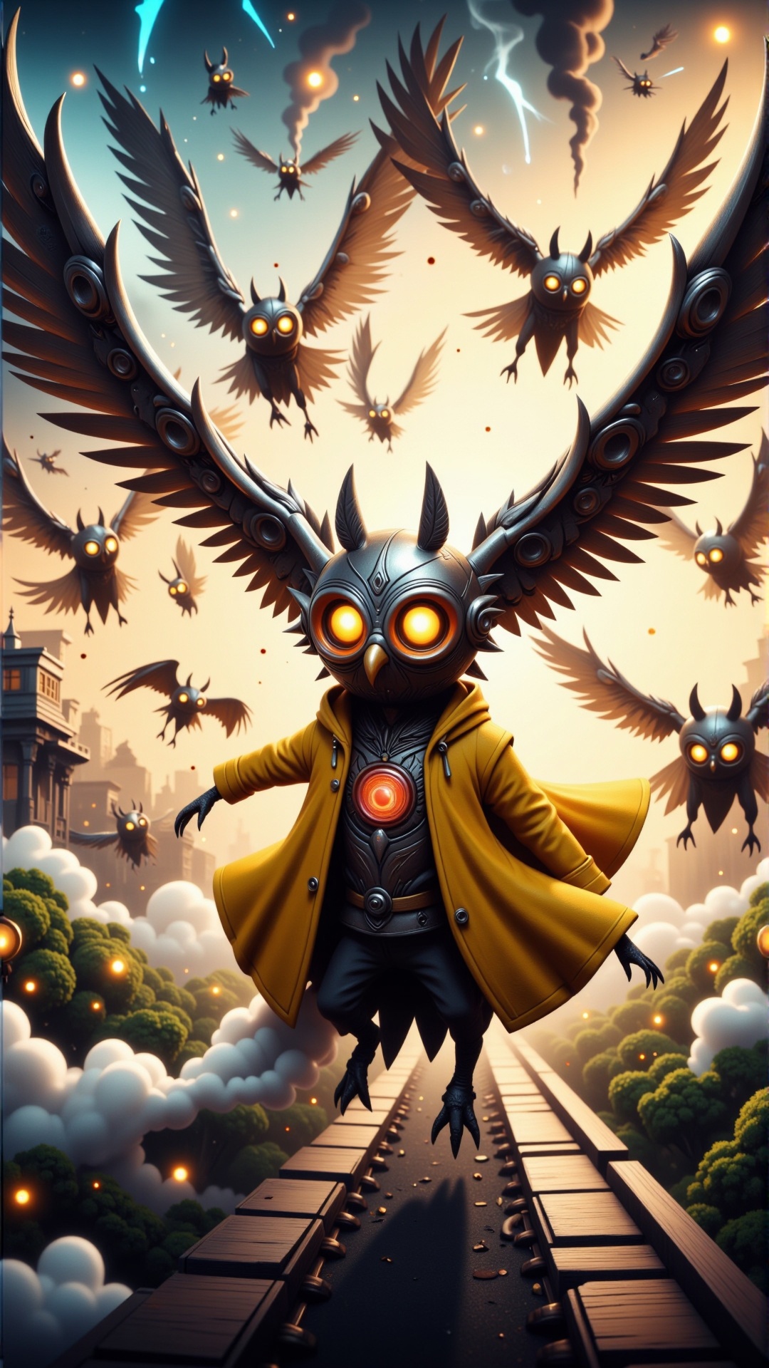 HalloweenGlowStyle Yellow colored clothes themed A flock of mechanical birds in flight,  Symphony of Motion,  Steel and ch...