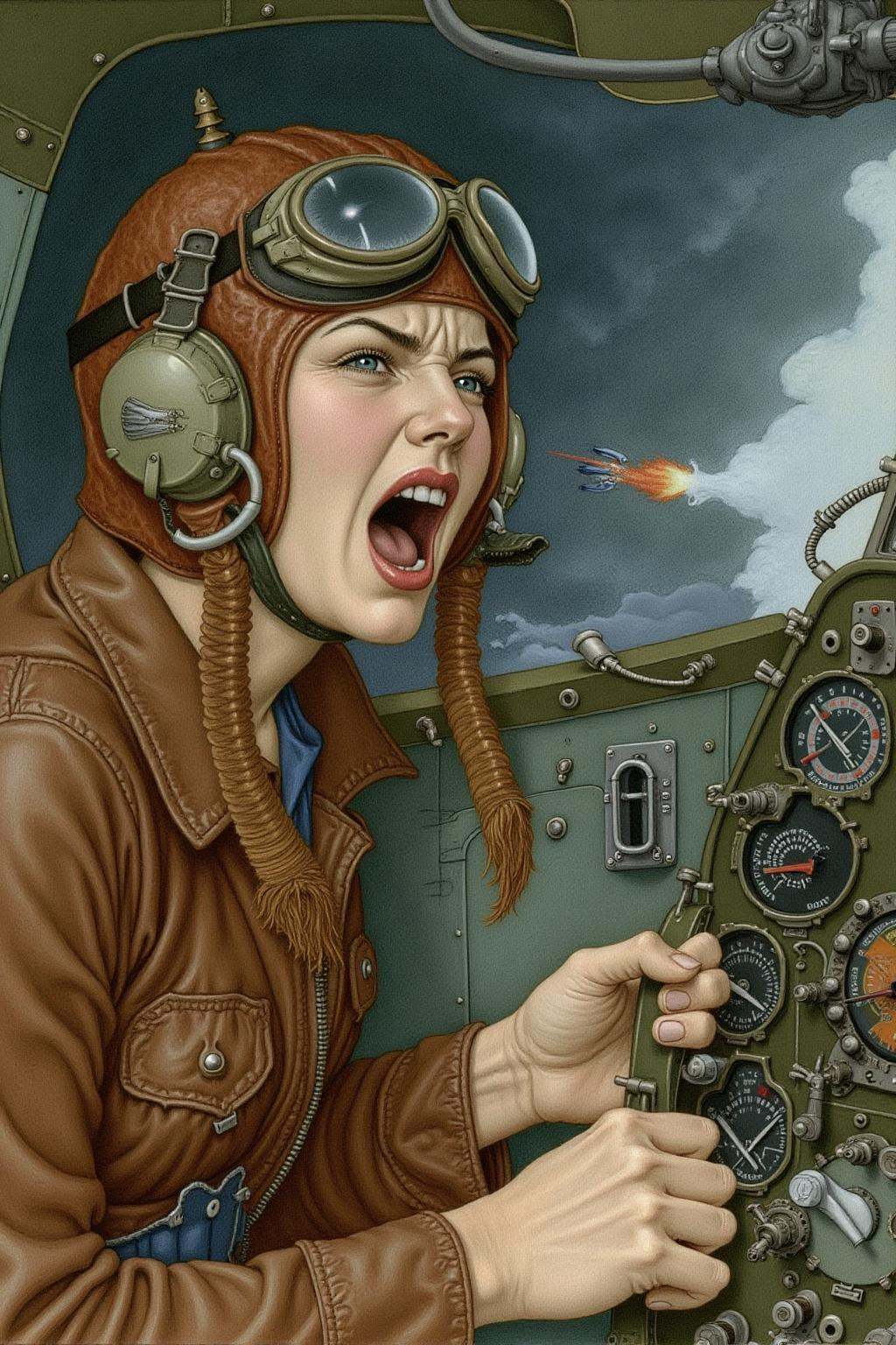 olgadugina1 illustration. A female pilot screaming inside the cockpit of a World War II bomber. The pilot,  wearing a vint...