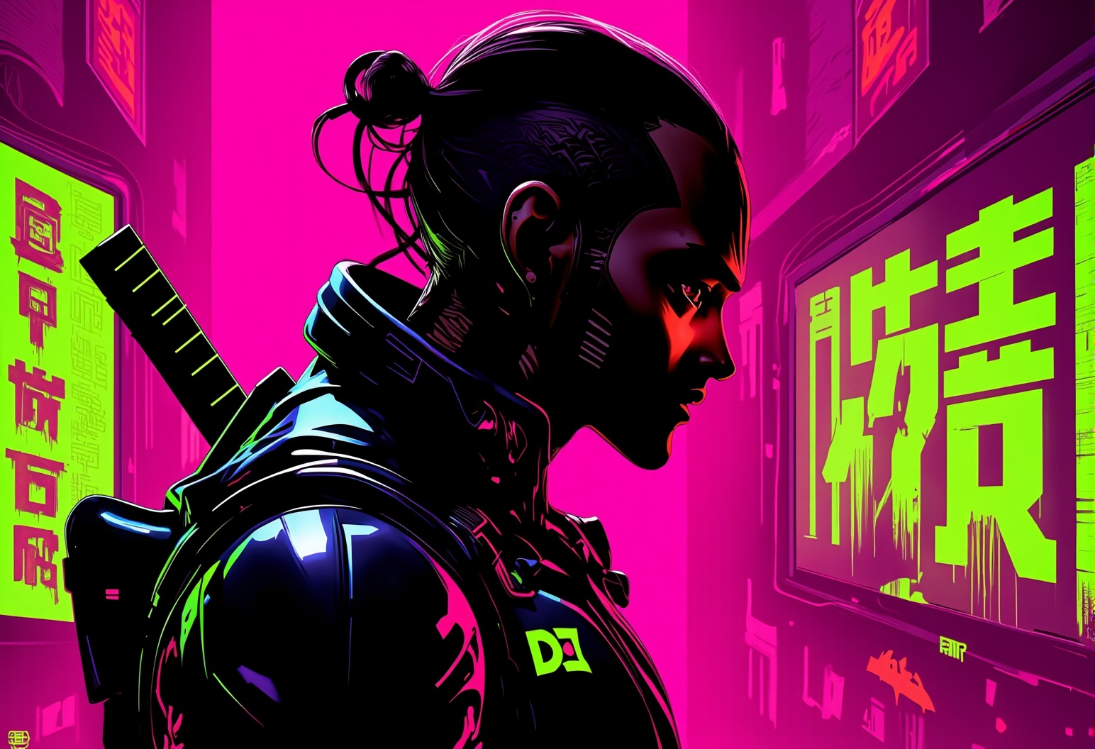 In the style of cyberpunk surrealism with strong outlines and exaggerated lighting,  a cyberpunk warrior is posing in prof...
