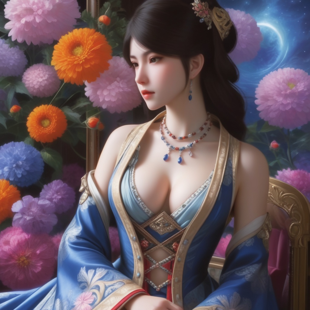 <lora:839-DA-XL-少年白马醉春风-温珞玉:0.6>, (,1girl, ,best quality, ),,,anime,(masterpiece, top quality, best quality, official art, beautiful and aesthetic:1.2), (1girl)	, , (cleavage),, extreme detailed,(fractal art:1.3),colorful, flowers ,highest detailed,(by Jeremy Lipking)    (cleavage),,  (), (sit),