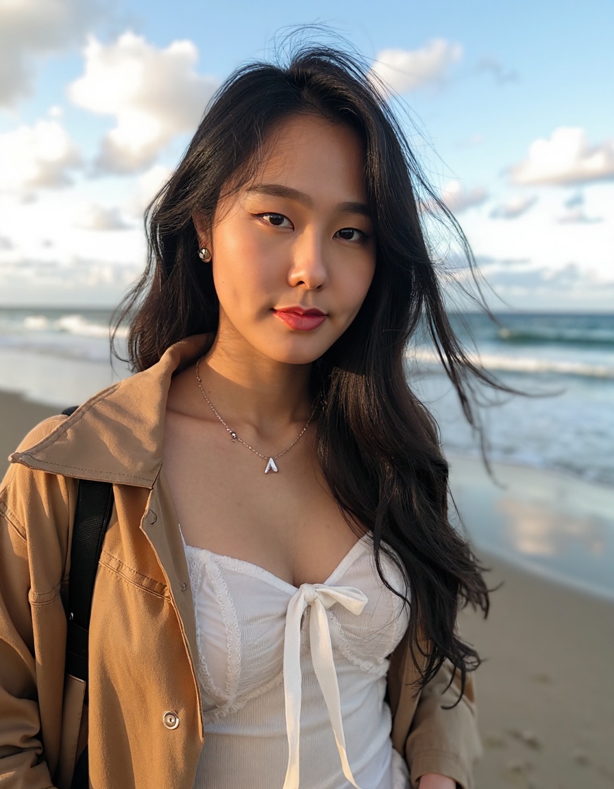 39Daph posing for the camera on the beach,  sea behind her,  autumn outfit on Tensor.Art