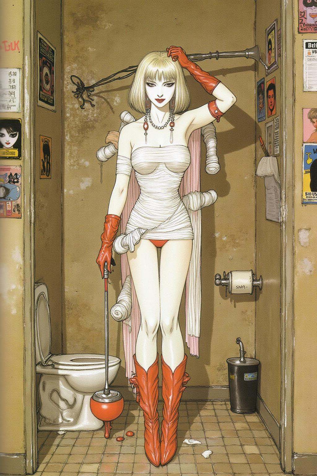 amayo illustration.A slim Swedish woman stands confidently in a small,  dingy restroom. She platinum blonde bob haircut an...