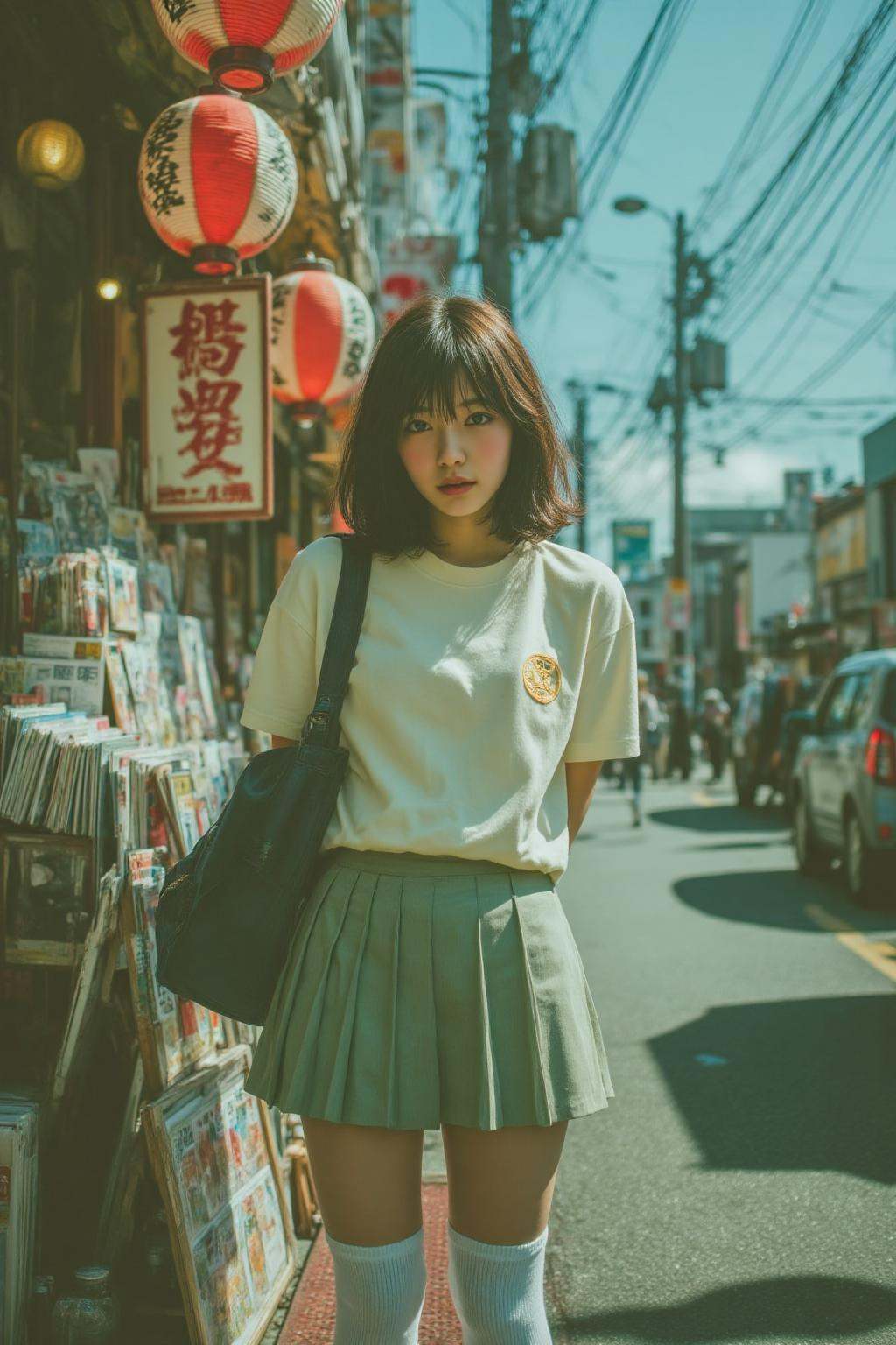 midjourney analog photograph.A 1980s Japanese schoolgirl stands on a street in a Japanese urban area,  facing the viewer d...