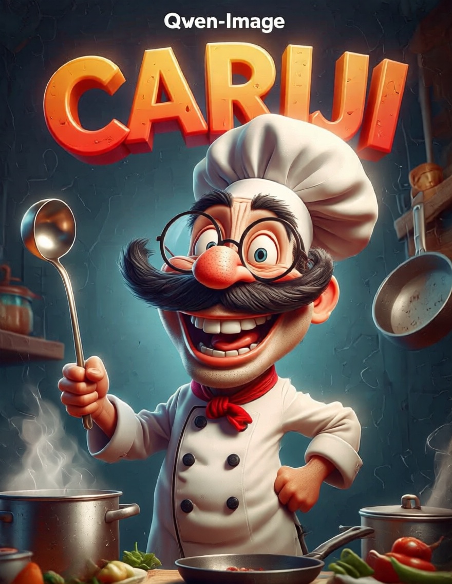 Cariji,  Poster titled "CARIJI" in vibrant bold 3d text with subtile "Qwen-Image" featuring a cheerful caricature of a che...