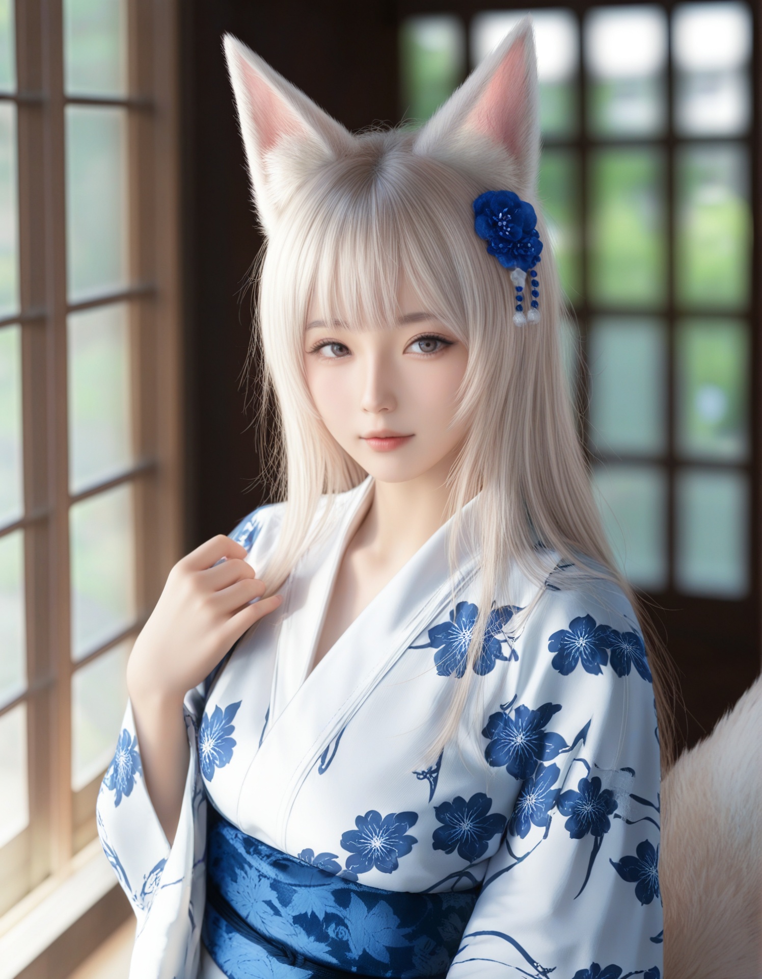 anime girl with white long hair is looking directly at the viewer with a gentle expression.she has fox ears and fox tail,...