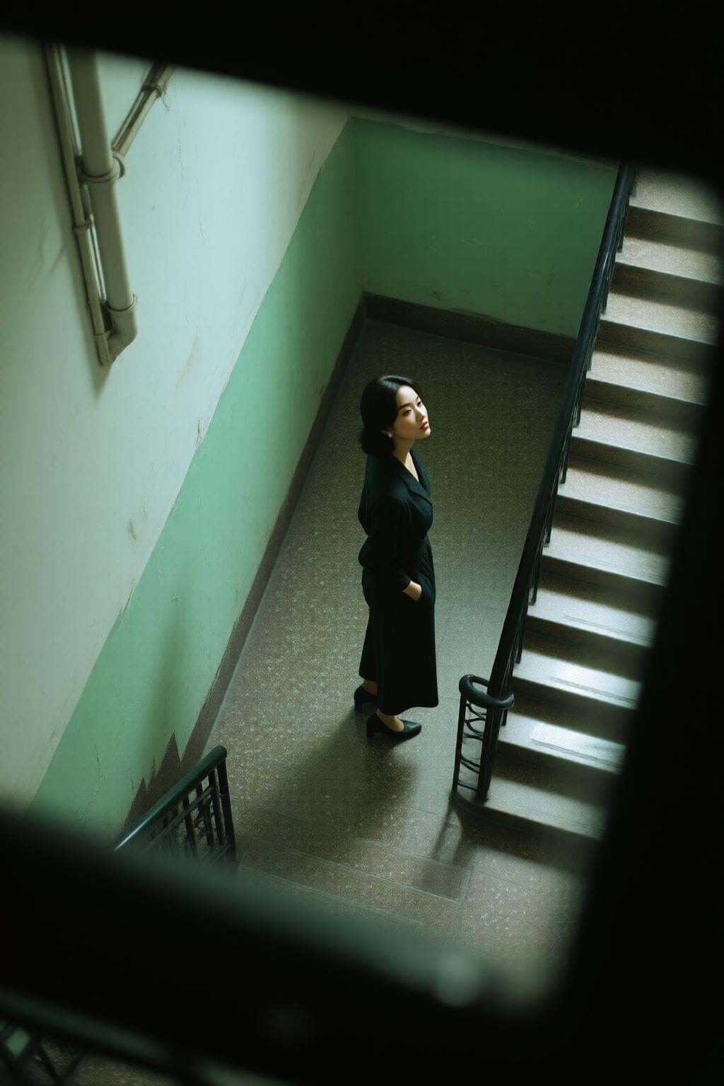 midjourneyhighangle13q High angle view.An Asian woman standing at the bottom of a staircase,  dressed in a dark coat and l...