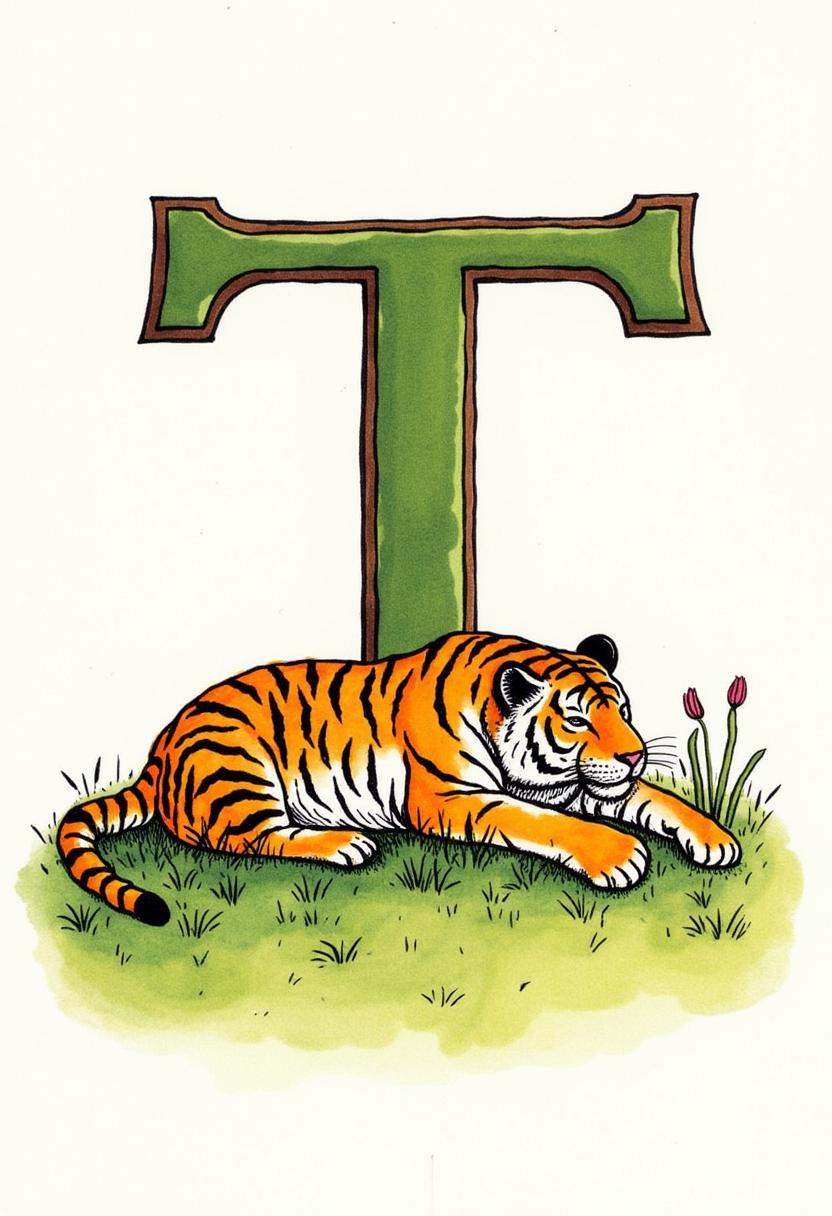 watercolor and ink illustration by Kate Greenaway. Features large green letter 'T' with brown border,  showcasing a tiger...