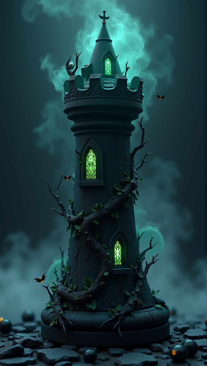 C4D,3D,Halloween-themed chess set,Rook: Haunted Tower (whimsical, eerie),Appearance: Crumbling,mystical tower with glowing ethereal mist,ghostly silhouettes,and eerie luminescent eyes,Structure: Shattered stained-glass windows radiating an unsettling glow,intricate cracks in worn stone,overgrown with vines,Details: Tiny bats fluttering around,spiders crawling,eerie cobwebs,
