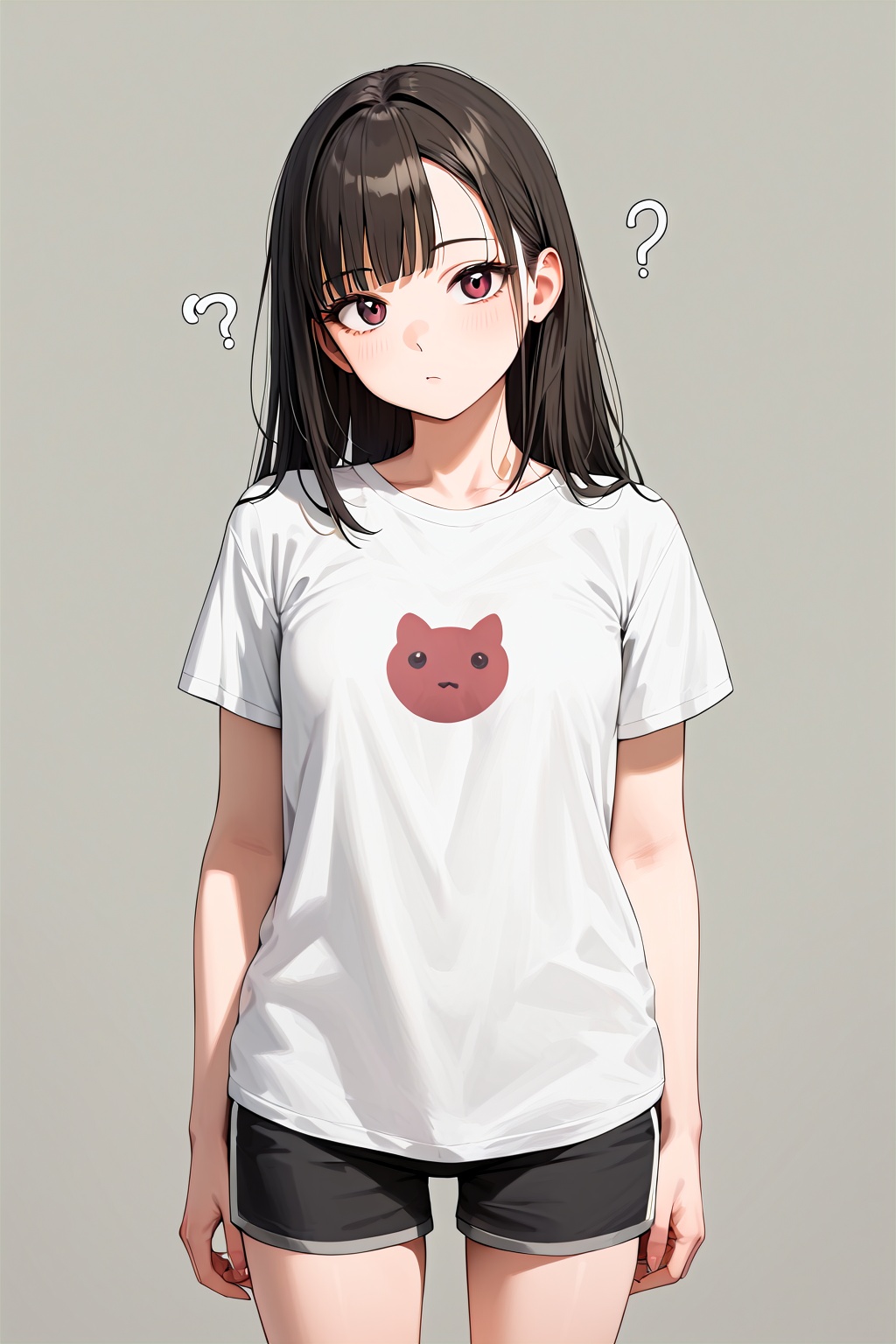 score_9,best quality,1girl,eyes,question,tilt head,white simple background,full body,t-shirt,upper body