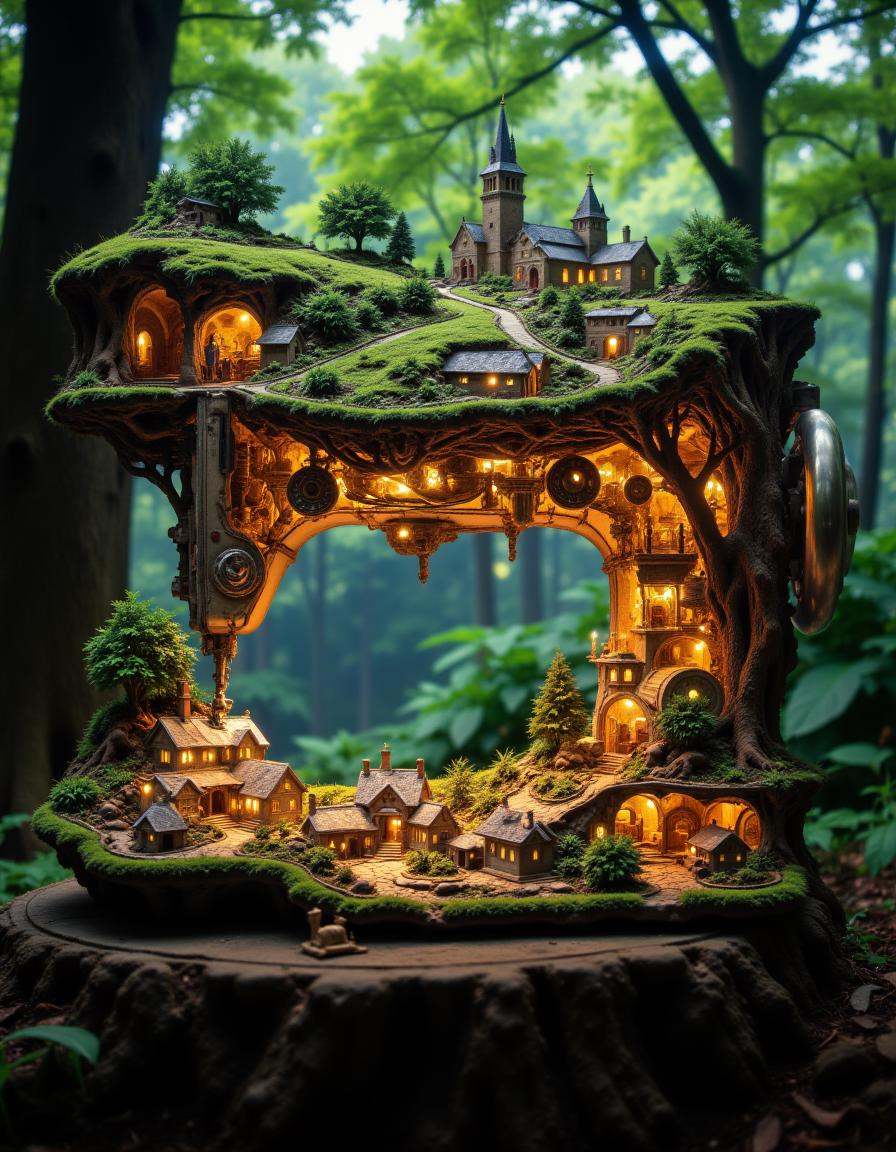 At the bottom of the image is Treetop village. Photoshopped into the top of the image is `An intricate still life of a ful...