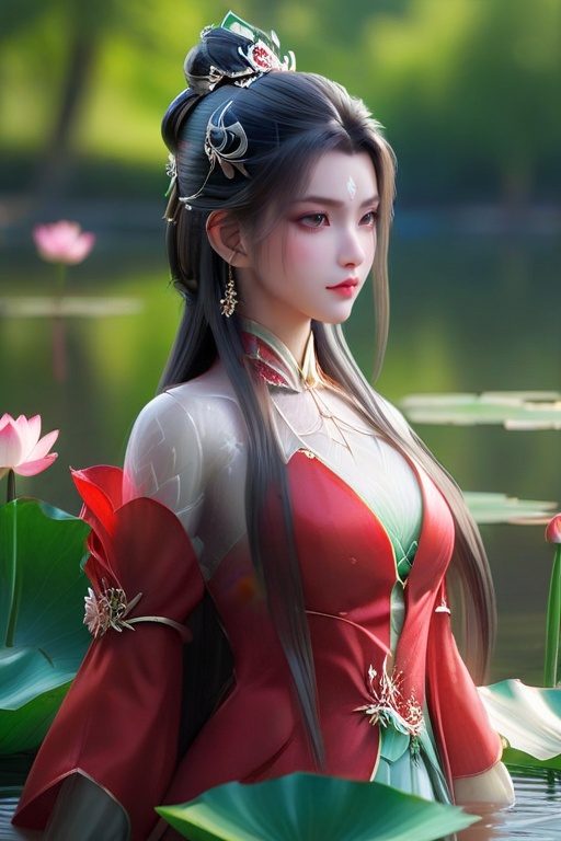 lxq,1girl,solo,ultra-detailed,highres,extremely detailed,best quality,Exquisite Craftsmanship,High-Resolution Beauty,Unparalleled Artistic Quality,green long hair,hair_ornament,hair_bun,red jacket coat,in the park,lotus in pond city,<lora:XL陆雪琪写实4-000009:0.8>,