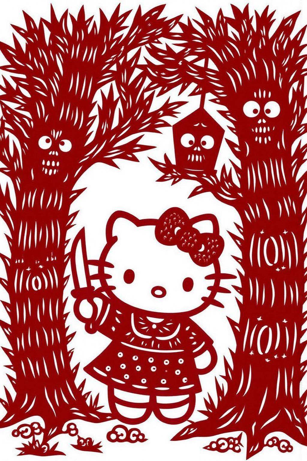 papercut art of Hello Kitty in the middle of the forest holding a knife,  the atmosphere and the character looks scary,  H...