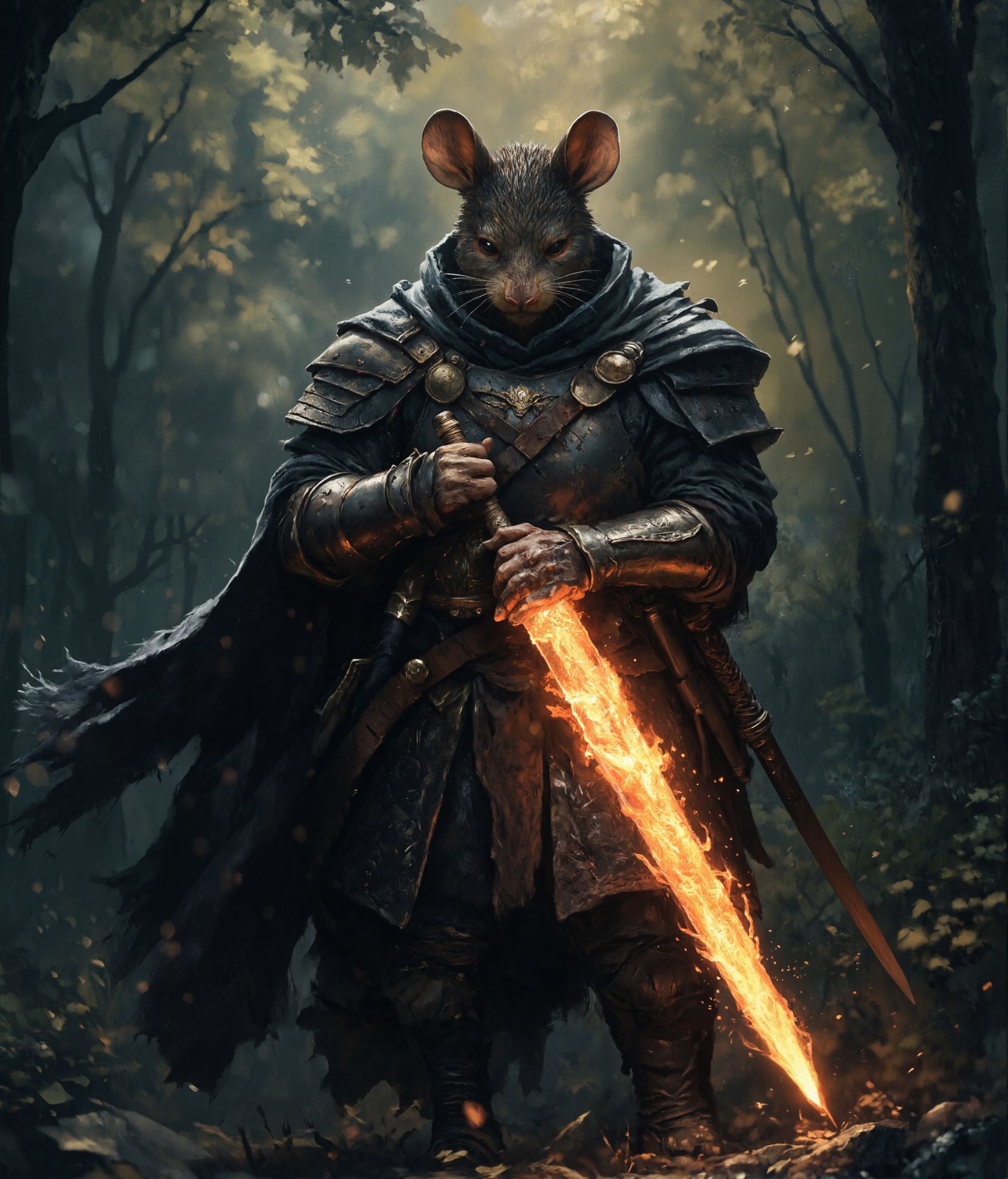 cinematic photo highly detailed portrait of a wise old mouse warrior in a dark woolen cloak with a flaming sword covered i...