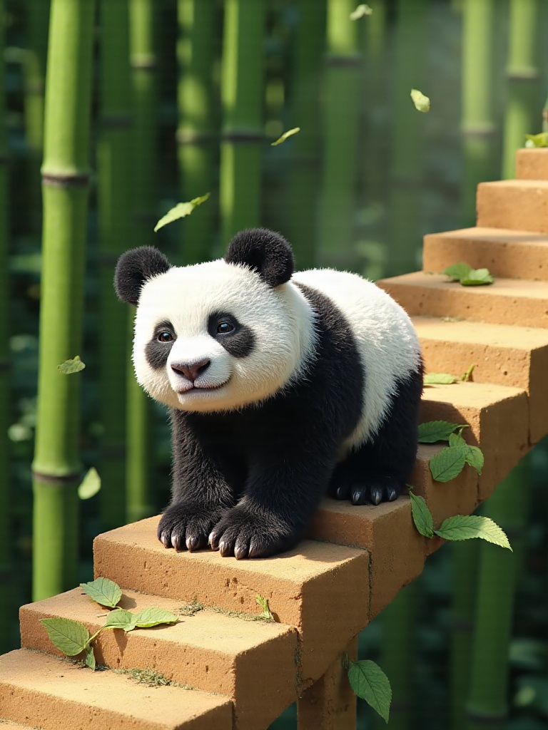 A cubic panda rolling playfully down a blocky bamboo forest slope,  distinct black and white pixel texture,  surrounded by...