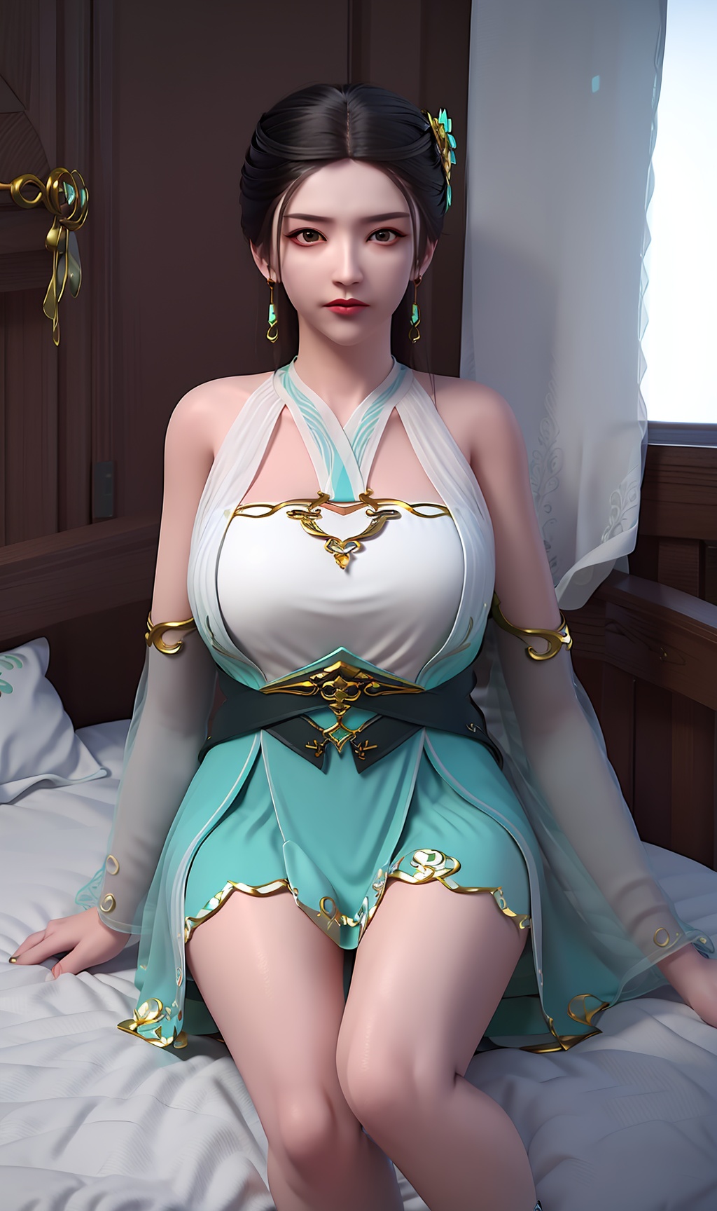 3D,masterpiece,(best quality),(makeup),official art, extremely detailed cg 8k wallpaper,((crystalstexture skin)), (extremely delicate and beautiful),(highly detailed),(face),(gold_trim),(1girl), (solo), (jewelry), (earrings),(black_hair),(long_hair),(hair_ornament),(handwear),(breasts),((sitting)),((upper_body)),(bare_shoulders),(closed_mouth),(off-shoulder_dress),(short_skirt),(multicolored_clothes),(multicolored_dress),(shiny_clothes),(city,indoor,bed),(long_legs),,((looking_at_viewer)),((Facing the camera)),, <lora:hipoly3DModelLora_v10:0.3>