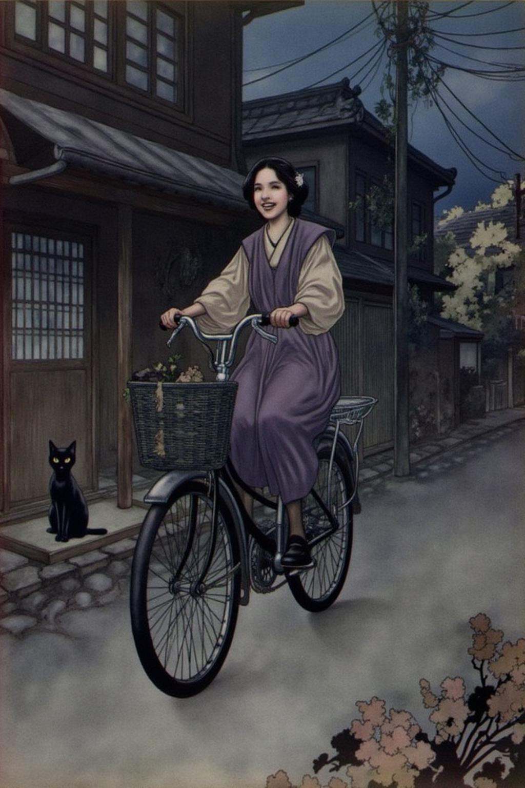 charob1 illustration.A Japanese school girl riding a old style bicycle through a narrow,  quiet street at night. The happy...