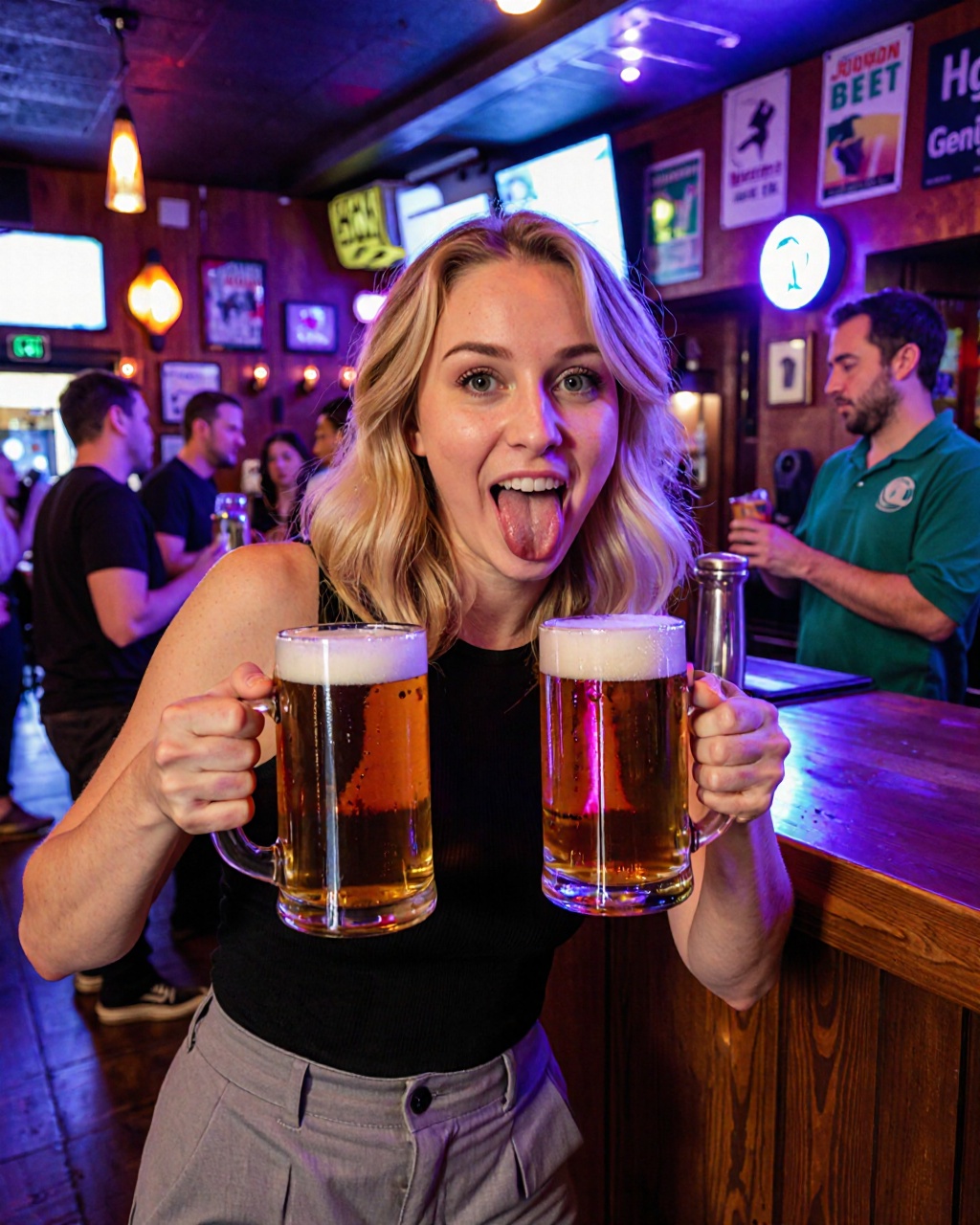 ings of a dimly lit,  lively bar scene. The photograph captures a young woman with blonde,  wavy hair on Tensor.Art